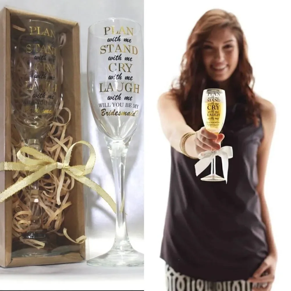 New in Gift Box Mud Pie Plan with Me Champagne Glass, Gold Bridesmaid Wine glass